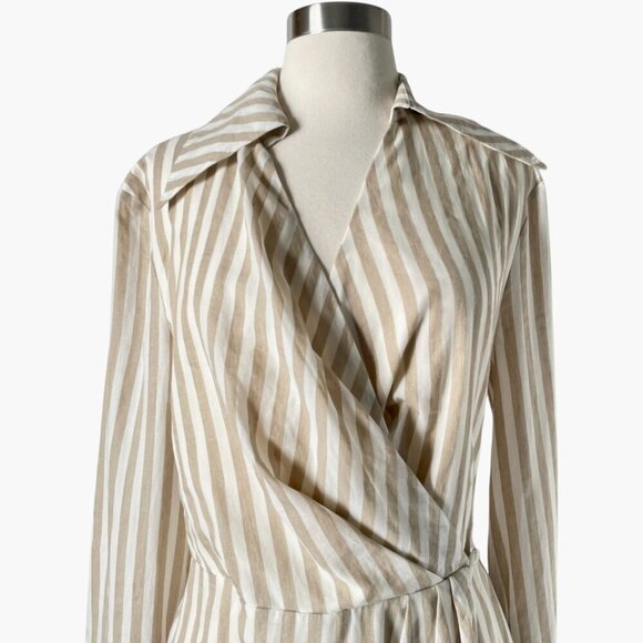 Nanushka Esma Striped Mini Wrap Dress Beige White Cotton Linen - Picture 8 of 12